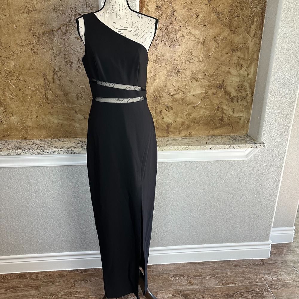 Liv Foster Column Gown Dress 8 Asymmetric One Shoulder Cutout Mesh Black‎ Party